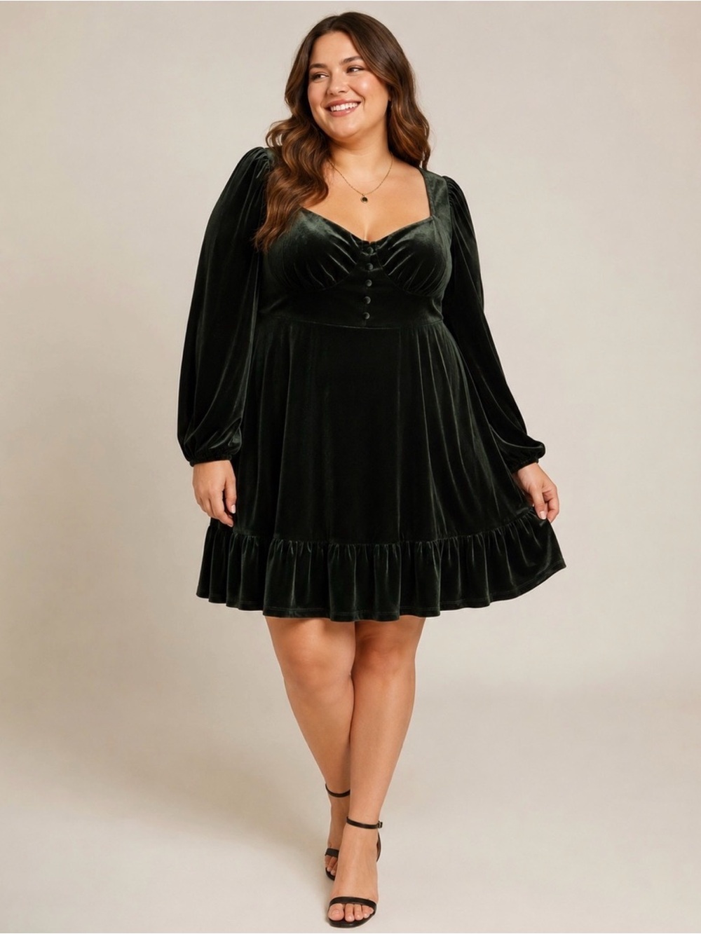 Cider Dark Green Velvet Long Sleeve Ruffle-Hem Dress